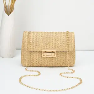 Geflochtene Umhängetasche in Beige mit goldenem Kettenriemen und Verschluss, frontal fotografiert