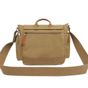 Khakifarbene Canvas-Messenger-Tasche, Rückseite mit Reißverschlusstasche, Henkel und breitem Gurt